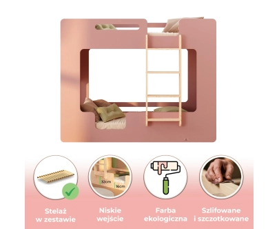 Łóżko piętrowe dla dzieci z barierkami i stelażem MIMI B Montessori Drewniane