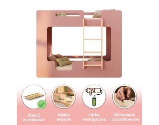 Łóżko piętrowe dla dzieci z barierkami i stelażem MIMI B Montessori Drewniane