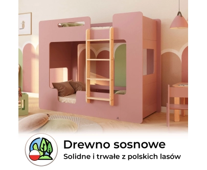 Łóżko piętrowe dla dzieci z barierkami i stelażem MIMI B Montessori Drewniane