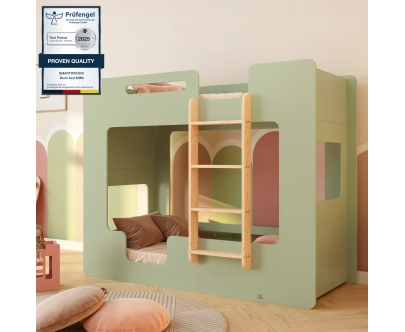 Łóżko piętrowe dla dzieci z barierkami i stelażem MIMI B Montessori Drewniane