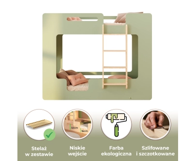 Łóżko piętrowe dla dzieci z barierkami i stelażem MIMI B Montessori Drewniane