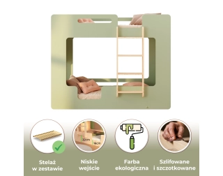 Łóżko piętrowe dla dzieci z barierkami i stelażem MIMI B Montessori Drewniane