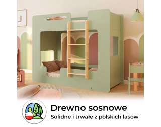 Łóżko piętrowe dla dzieci z barierkami i stelażem MIMI B Montessori Drewniane