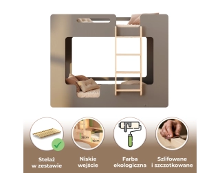Łóżko piętrowe dla dzieci z barierkami i stelażem MIMI B Montessori Drewniane