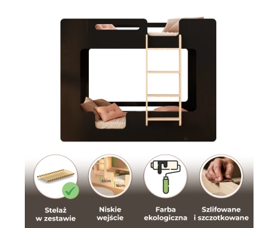 Łóżko piętrowe dla dzieci z barierkami i stelażem MIMI B Montessori Drewniane