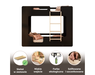 Łóżko piętrowe dla dzieci z barierkami i stelażem MIMI B Montessori Drewniane