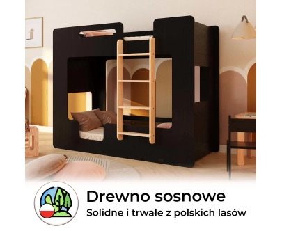 Łóżko piętrowe dla dzieci z barierkami i stelażem MIMI B Montessori Drewniane