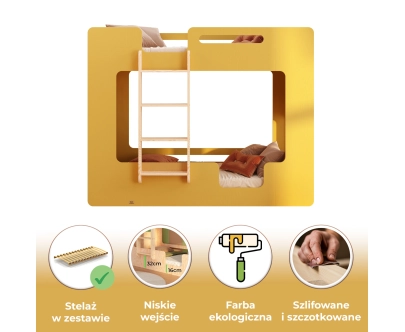 Łóżko piętrowe dla dzieci z barierkami i stelażem MIMI B Montessori Drewniane