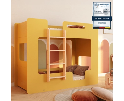 Łóżko piętrowe dla dzieci z barierkami i stelażem MIMI B Montessori Drewniane