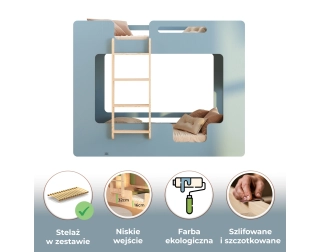 Łóżko piętrowe dla dzieci z barierkami i stelażem MIMI B Montessori Drewniane