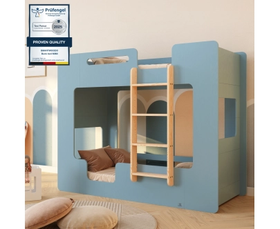 Łóżko piętrowe dla dzieci z barierkami i stelażem MIMI B Montessori Drewniane