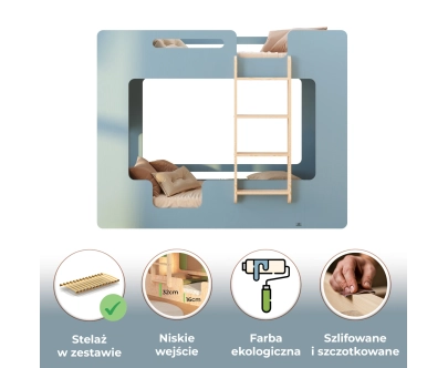 Łóżko piętrowe dla dzieci z barierkami i stelażem MIMI B Montessori Drewniane