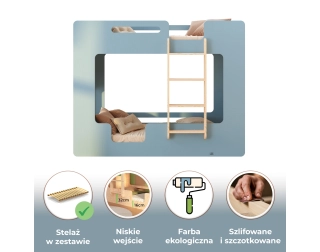 Łóżko piętrowe dla dzieci z barierkami i stelażem MIMI B Montessori Drewniane