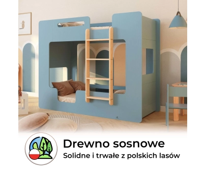 Łóżko piętrowe dla dzieci z barierkami i stelażem MIMI B Montessori Drewniane