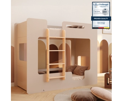 Łóżko piętrowe dla dzieci z barierkami i stelażem MIMI B Montessori Drewniane