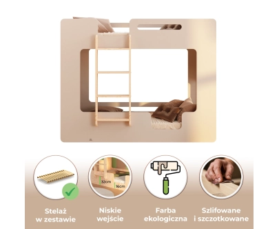 Łóżko piętrowe dla dzieci z barierkami i stelażem MIMI B Montessori Drewniane