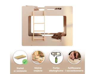 Łóżko piętrowe dla dzieci z barierkami i stelażem MIMI B Montessori Drewniane