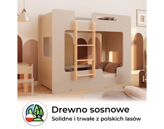 Łóżko piętrowe dla dzieci z barierkami i stelażem MIMI B Montessori Drewniane