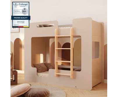 Łóżko piętrowe dla dzieci z barierkami i stelażem MIMI B Montessori Drewniane