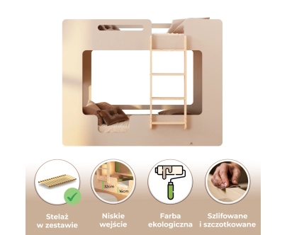 Łóżko piętrowe dla dzieci z barierkami i stelażem MIMI B Montessori Drewniane