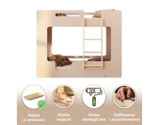 Łóżko piętrowe dla dzieci z barierkami i stelażem MIMI B Montessori Drewniane