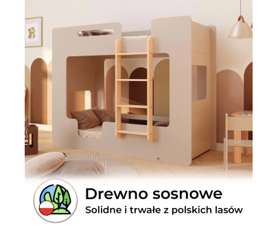 Łóżko piętrowe dla dzieci z barierkami i stelażem MIMI B Montessori Drewniane