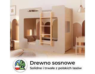 Łóżko piętrowe dla dzieci z barierkami i stelażem MIMI B Montessori Drewniane