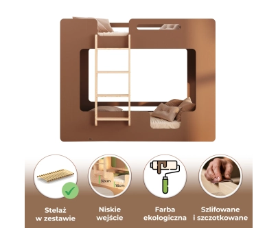 Łóżko piętrowe dla dzieci z barierkami i stelażem MIMI B Montessori Drewniane