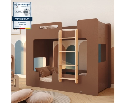 Łóżko piętrowe dla dzieci z barierkami i stelażem MIMI B Montessori Drewniane