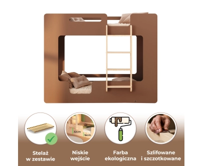 Łóżko piętrowe dla dzieci z barierkami i stelażem MIMI B Montessori Drewniane