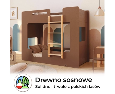 Łóżko piętrowe dla dzieci z barierkami i stelażem MIMI B Montessori Drewniane