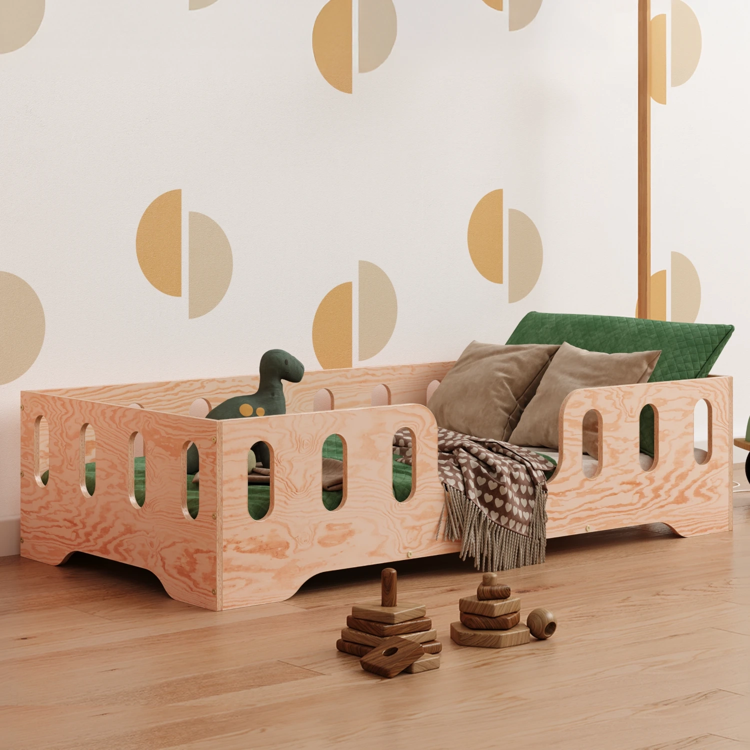 Łóżko pojedyncze dla dzieci z barierką i stelażem TILA 2 Skandynawskie Sosnowe dla dzieci - Naturalny, 60x120