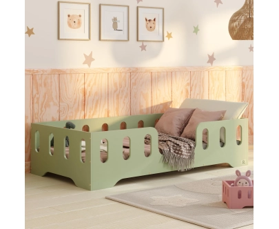 Łóżko pojedyncze dla dzieci z barierką i stelażem TILA 2 Montessori Drewniane