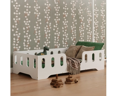 Łóżko pojedyncze dla dzieci z barierką i stelażem TILA 2 Montessori Drewniane