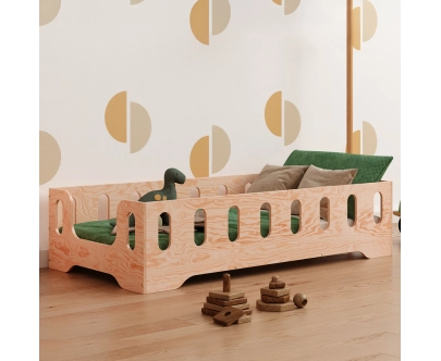 Łóżko pojedyncze dla dzieci z barierką i stelażem TILA 2 Montessori Drewniane