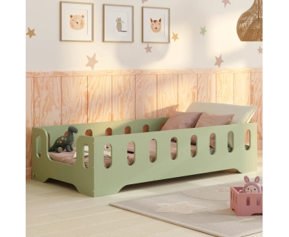 Łóżko pojedyncze dla dzieci z barierką i stelażem TILA 2 Montessori Drewniane