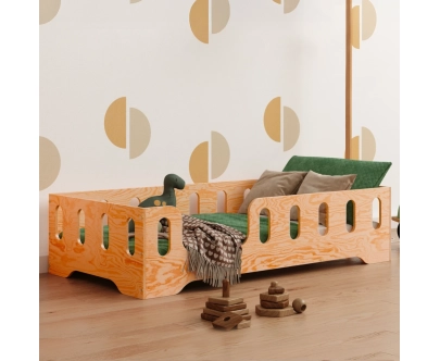 Łóżko pojedyncze dla dzieci z barierką i stelażem TILA 2 Montessori Drewniane