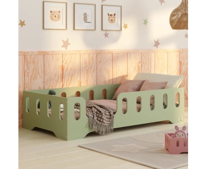 Łóżko pojedyncze dla dzieci z barierką i stelażem TILA 2 Montessori Drewniane