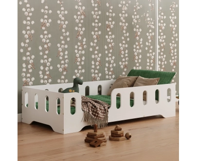 Łóżko pojedyncze dla dzieci z barierką i stelażem TILA 2 Montessori Drewniane