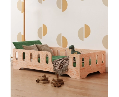 Łóżko pojedyncze dla dzieci z barierką i stelażem TILA 2 Montessori Drewniane