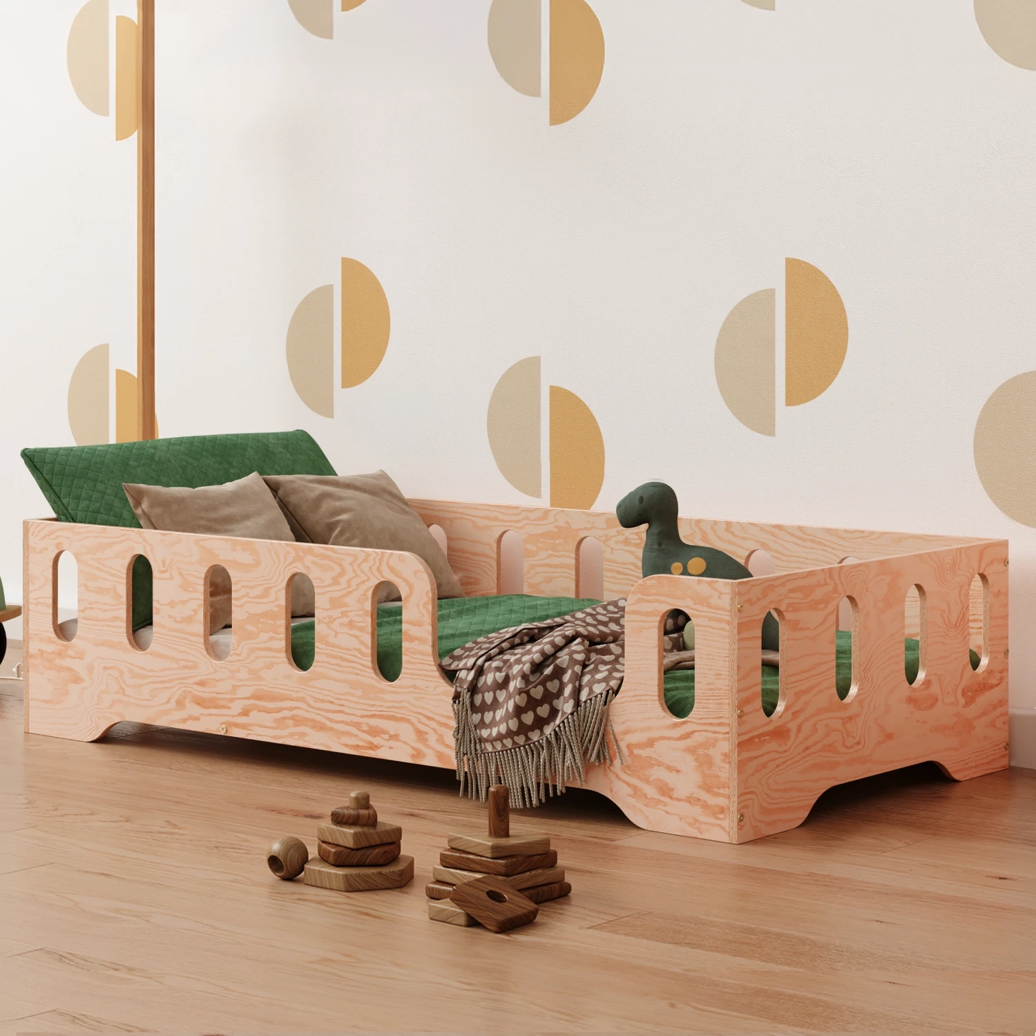Łóżko pojedyncze dla dzieci z barierką i stelażem TILA 2 Montessori Drewniane,  80x160 - Naturalny | Smartwood