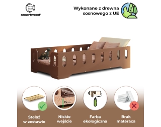 Łóżko pojedyncze dla dzieci z barierką i stelażem TILA 2 Montessori Drewniane
