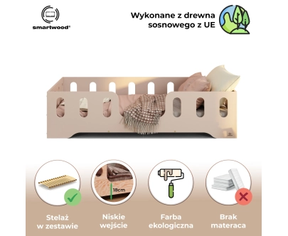 Łóżko pojedyncze dla dzieci z barierką i stelażem TILA 2 Montessori Drewniane