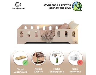 Łóżko pojedyncze dla dzieci z barierką i stelażem TILA 2 Montessori Drewniane