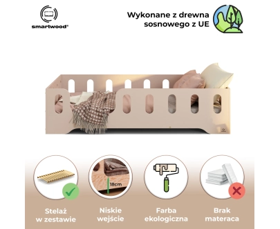 Łóżko pojedyncze dla dzieci z barierką i stelażem TILA 2 Montessori Drewniane