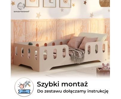 Łóżko pojedyncze dla dzieci z barierką i stelażem TILA 2 Montessori Drewniane