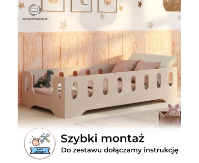 Łóżko pojedyncze dla dzieci z barierką i stelażem TILA 2 Montessori Drewniane