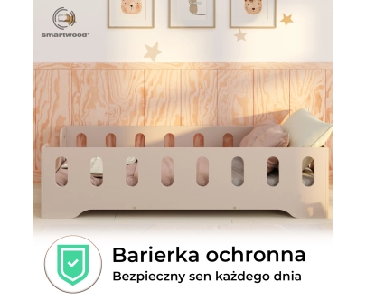 Łóżko pojedyncze dla dzieci z barierką i stelażem TILA 2 Montessori Drewniane