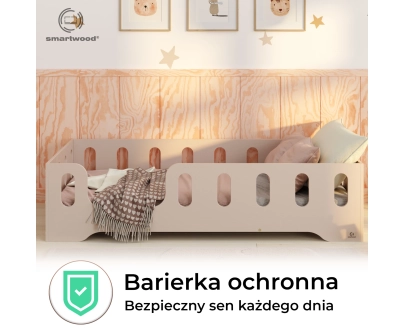 Łóżko pojedyncze dla dzieci z barierką i stelażem TILA 2 Montessori Drewniane