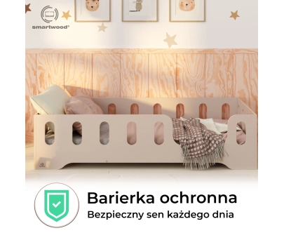 Łóżko pojedyncze dla dzieci z barierką i stelażem TILA 2 Montessori Drewniane